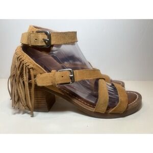 Belle Sigerson Morrison‎ Brown Leather Suede Block Heel Sandals Fringe Size 7.5